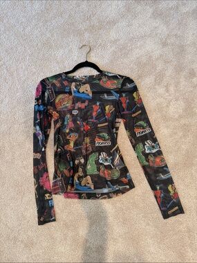Fiorucci Black Graphic Long-Sleeve Mesh Top